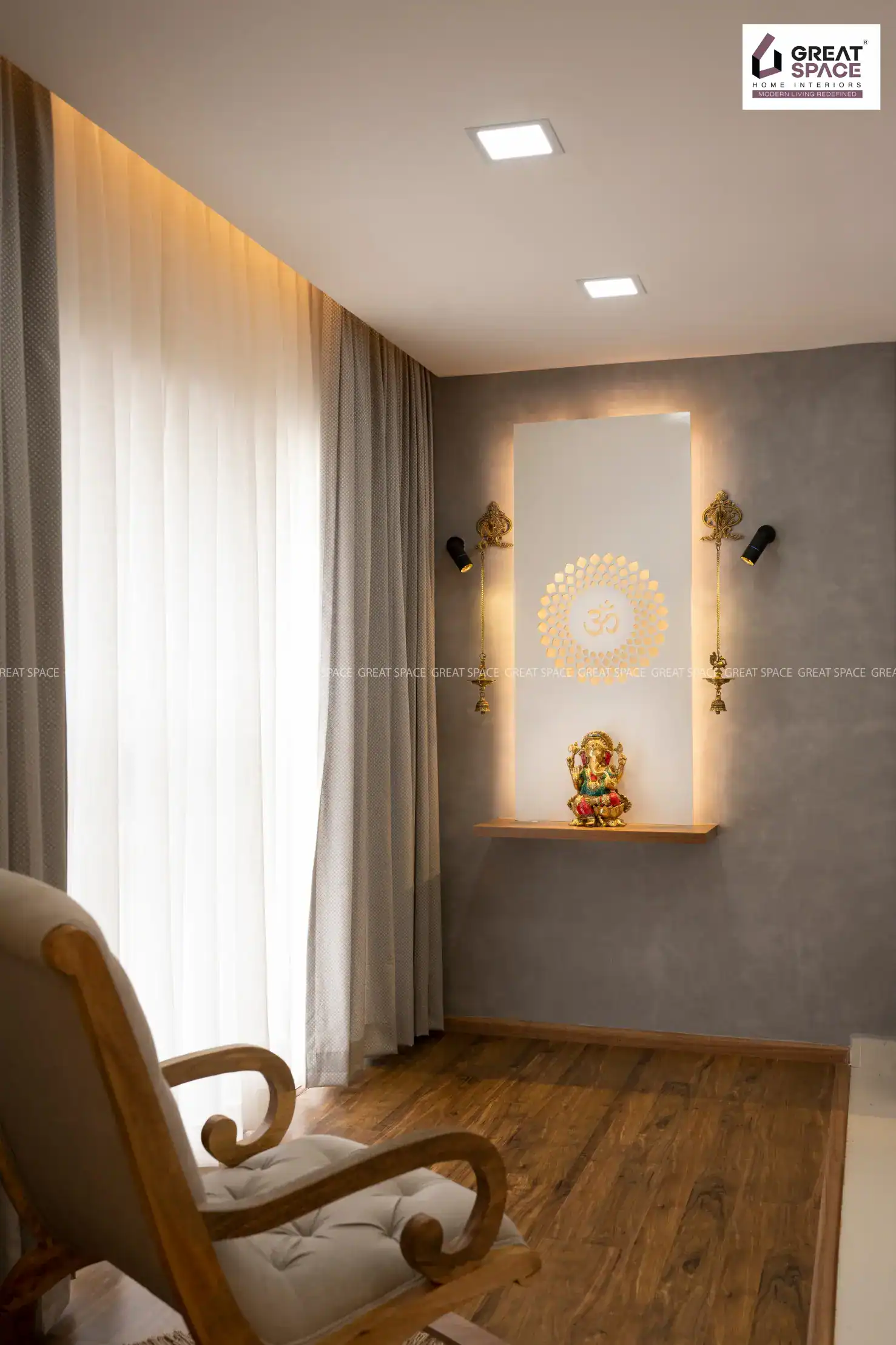 Wall-mounted pooja unit with backlit lighting near a window, Vyttila apartment